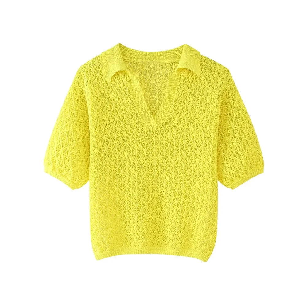 Frauen Mode Pointelle Stricken Lose Pullover Polo Kragen Kurzarm Weibliche Pullover Chic Tops