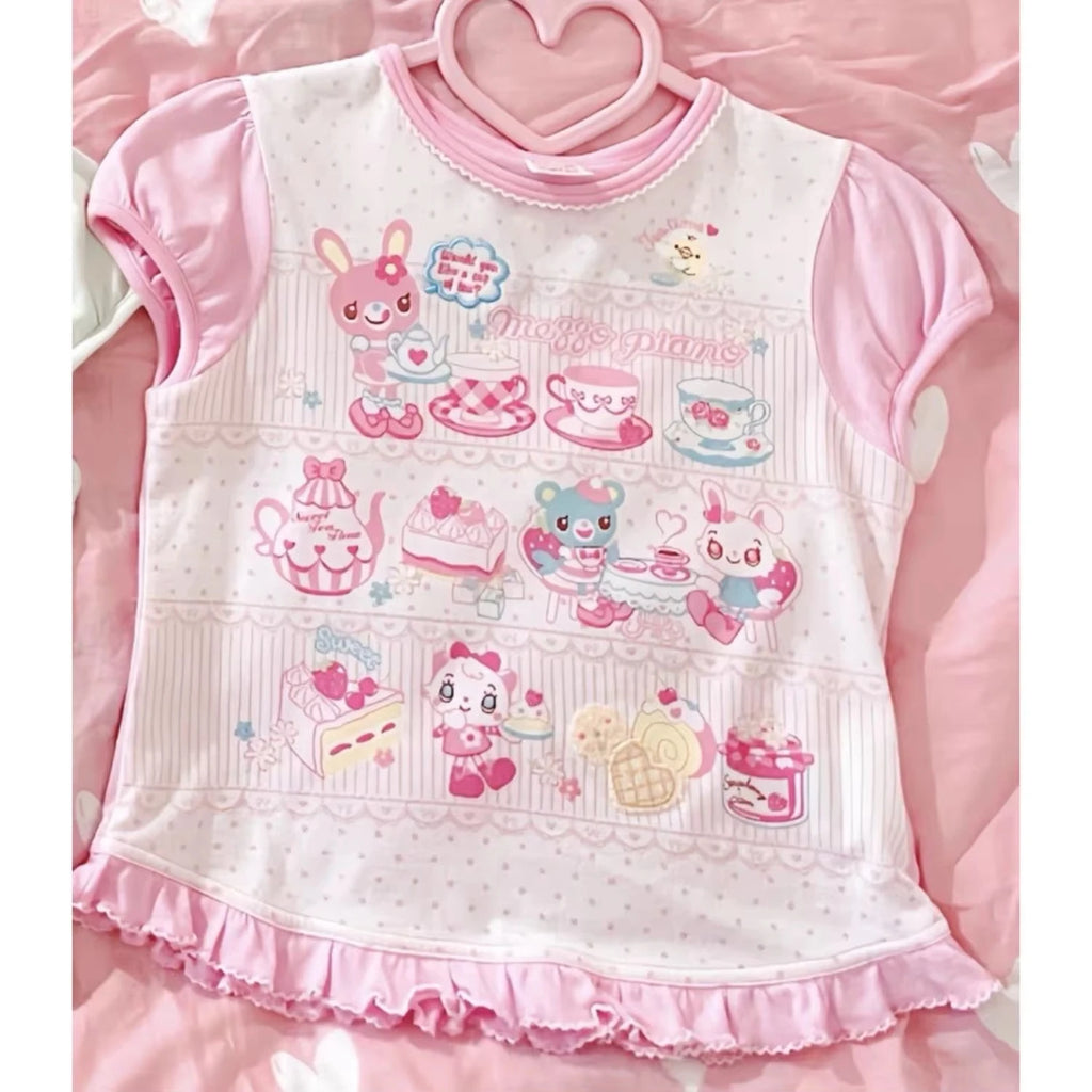 Japanische Kawaii Crop Tops Cartoon Print Harajuku Lolita Kurzarm T-shirts Frauen Y2k Ästhetische Dünne T Vintage Fee Grunge