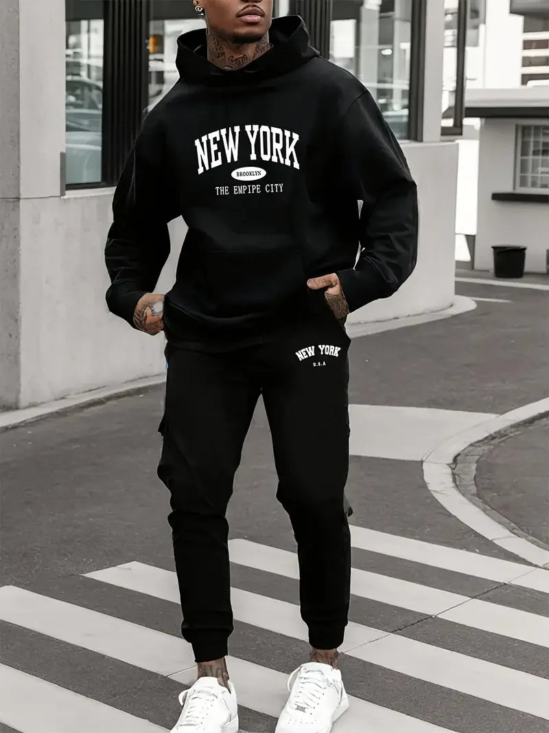 Herren Samt Verdickt Sport Set New York Brief Gedruckt Frühling und Herbst Hoodie Set Langarm Casual Bequeme Tasche Hoo