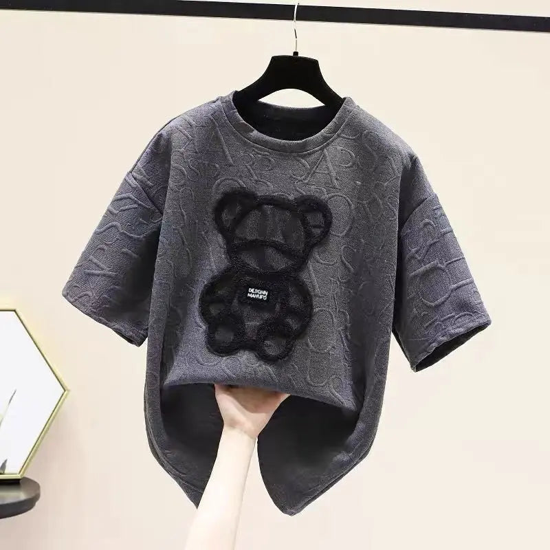 Frauen T-shirts Harajuku Mädchen Plus Größe Tops Brief Jacquard Oansatz Kurzen Ärmeln Lose Sommer T-shirt Bär Weiß Tees M-2XL