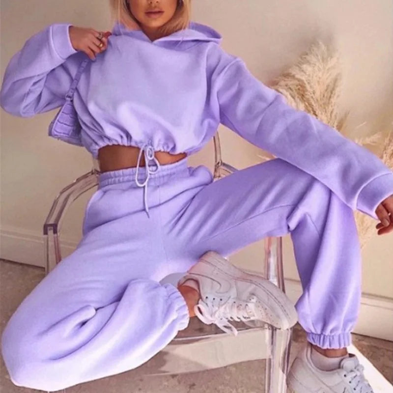 Winter-Trainingsanzug für Damen, zweiteiliges Set – übergroßer Kapuzen-Jogginghose, einfarbiger Sportanzug | Lässiges Sweatshirt-Hosen-Set