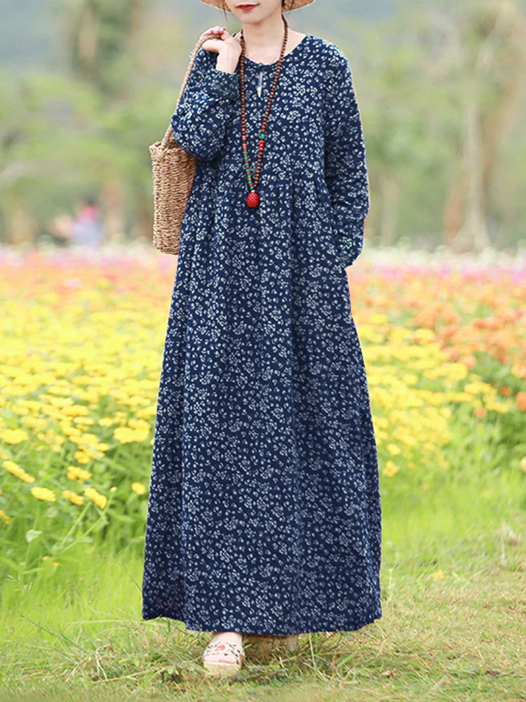 Vintage Blumen Kleid Frau 2025, ZANZEA Herbst Böhmischen Lange Kleider Casual Langarm Maxi Vestidos Lose Robe Femme Oversize