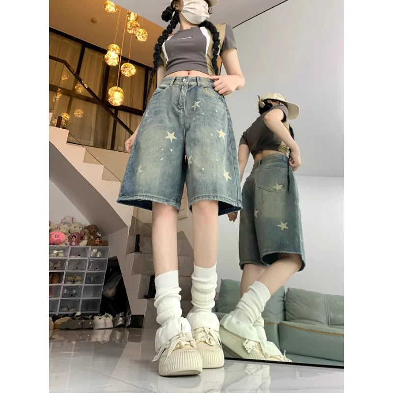 Lässige Damenjeans mit Blumendruck, lockerem, weitem Bein, New American Retro Star Design, gerades Bein, bequeme Stretch-weiche Denim-Shorts