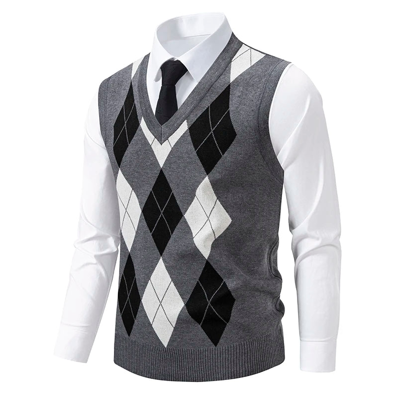 Herren Strickweste Mode Pullover Weste Argyle Muster Weste Fleece gefüttert warme Westen