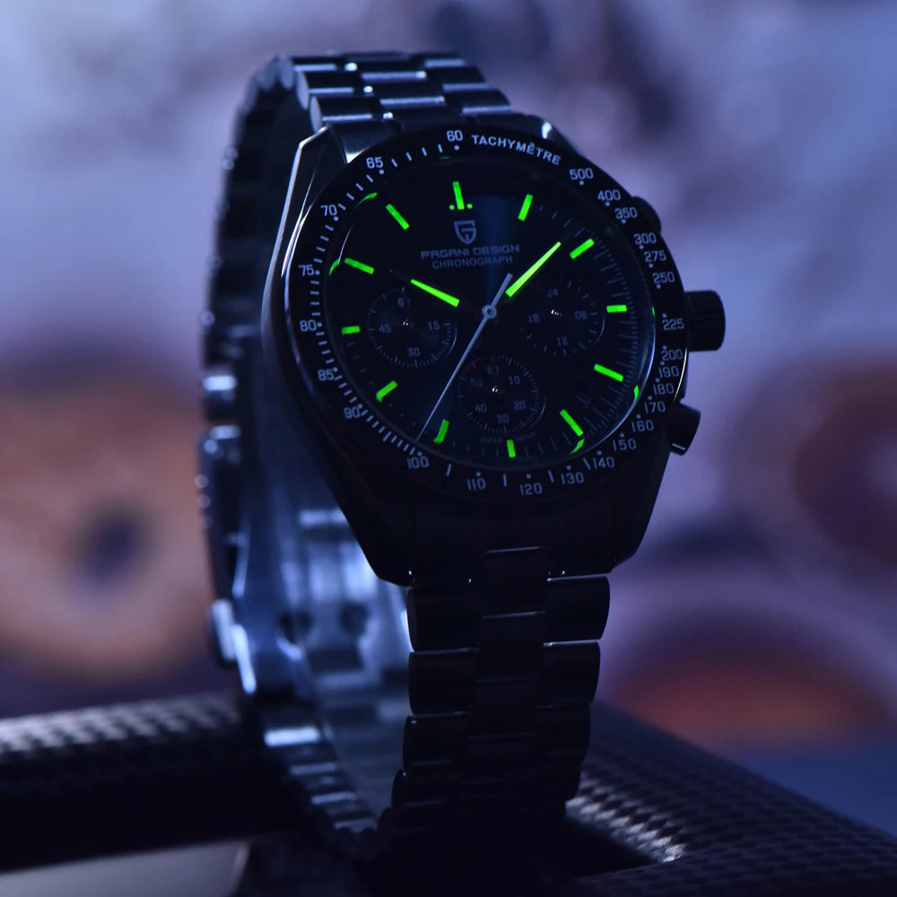 PAGANI DESIGN 2026 New Moon Herrenuhren, Luxus-Quarzuhr für Herren, VK63, Chronograph, AR-Saphirspiegel, Keramiklünette, leuchtend