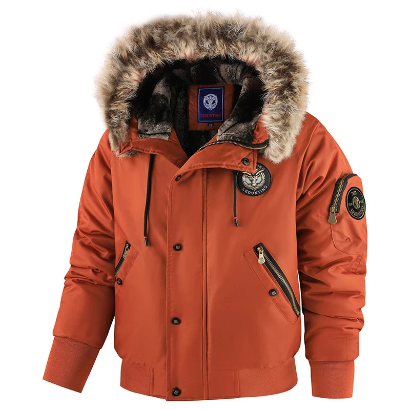 Winterjacke für Herren, abnehmbare Kapuze, langlebig, winddicht, Stoff, Stickerei, dekorative Seitentaschen, Ärmelreißverschluss