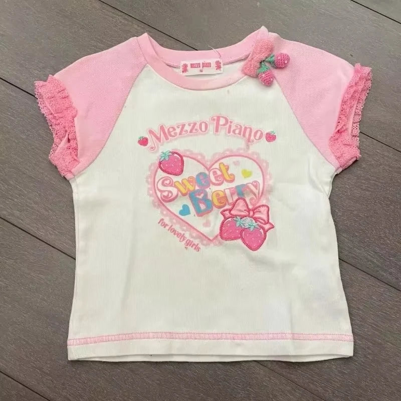 Japanische Kawaii Crop Tops Cartoon Print Harajuku Lolita Kurzarm T-shirts Frauen Y2k Ästhetische Dünne T Vintage Fee Grunge