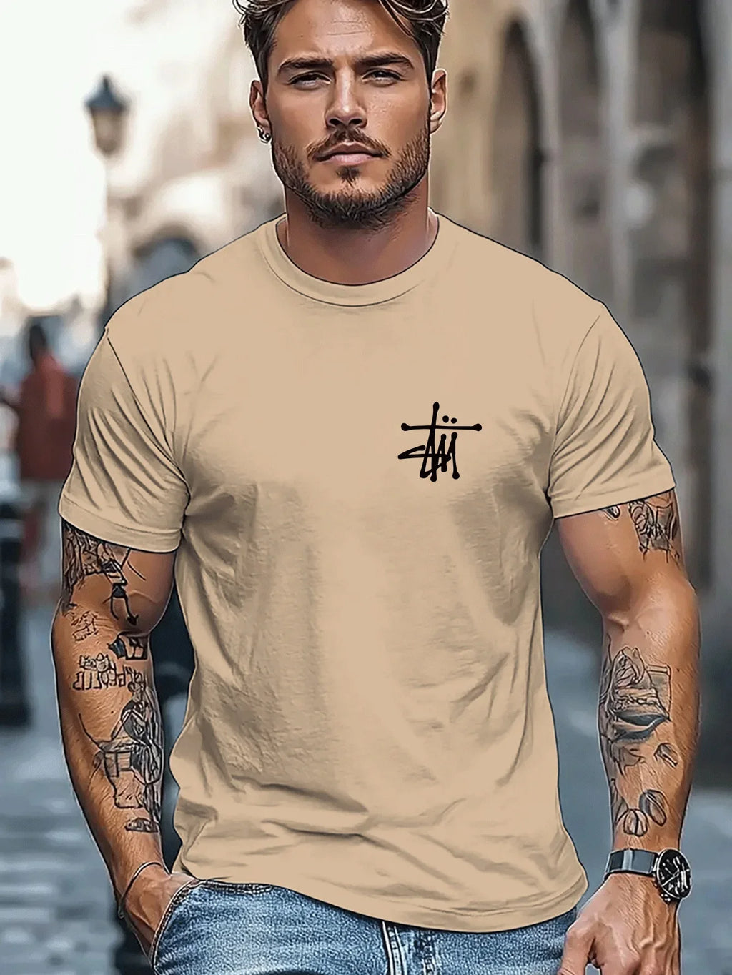 Herren-T-Shirt mit Rundhalsausschnitt, kurzen Ärmeln, sauberem Finish, stilvoll, trocken bequem, waschbar, dehnbar, leicht, modisch.