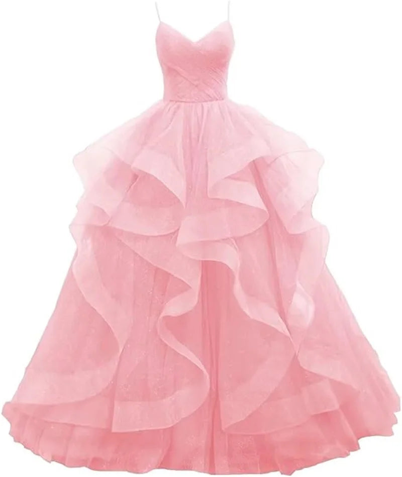 Maßgeschneiderte glitzernde Tüll-Abschlussballkleider, Spaghettiträger, Ballkleider für Frauen, bauschiges, abgestuftes, formelles Abend- und Partykleid