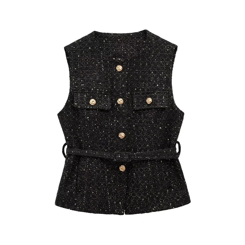 NLZGMSJ 2025 Frühling Damen Weste Top Mode mit Gürtel Slim Fit ärmellose Jacke Top für Frauen Textur Weste Top Neu