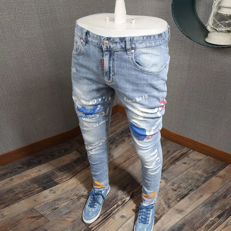 Designer-Mode,Herren-Jeans, mit Buchstaben bedruckt, gewaschen, nostalgisch, Stretch, schmale Passform, Retro, hellblaue Jeans, Hip-Hop-Marke, hohe Qualität
