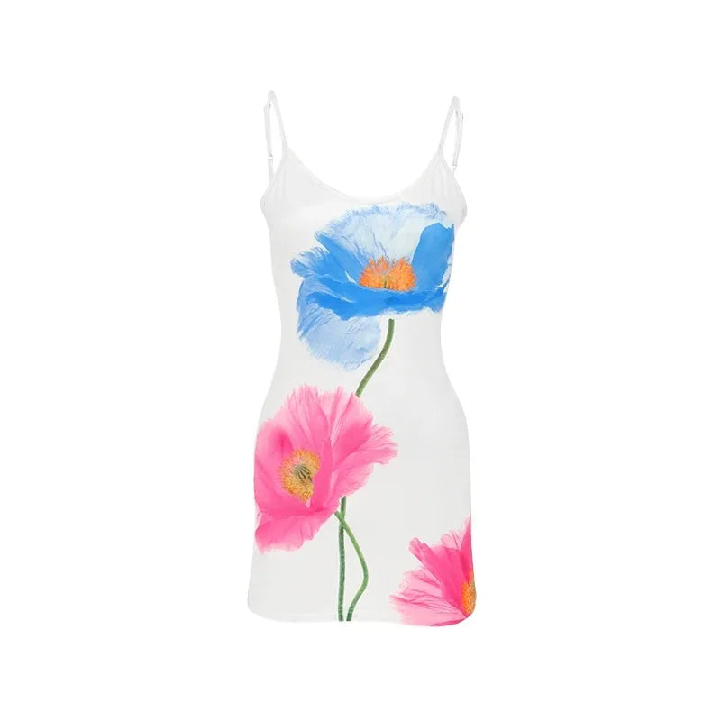 Mini Kleid Frauen Sommer Neue Weiße Mode Oansatz Streetwear Print Ärmelloses Kleid Strap Backless Beiläufige Dünne Elegante Kleid