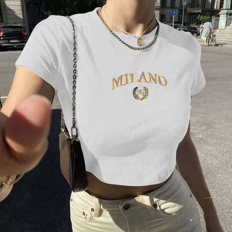 Frauen T-shirt Kleidung Kurzarm Schwarz Crop Top Harajuku Brief Stickerei T Shirt Weibliche Sommer Sexy Oansatz Cropped Tops
