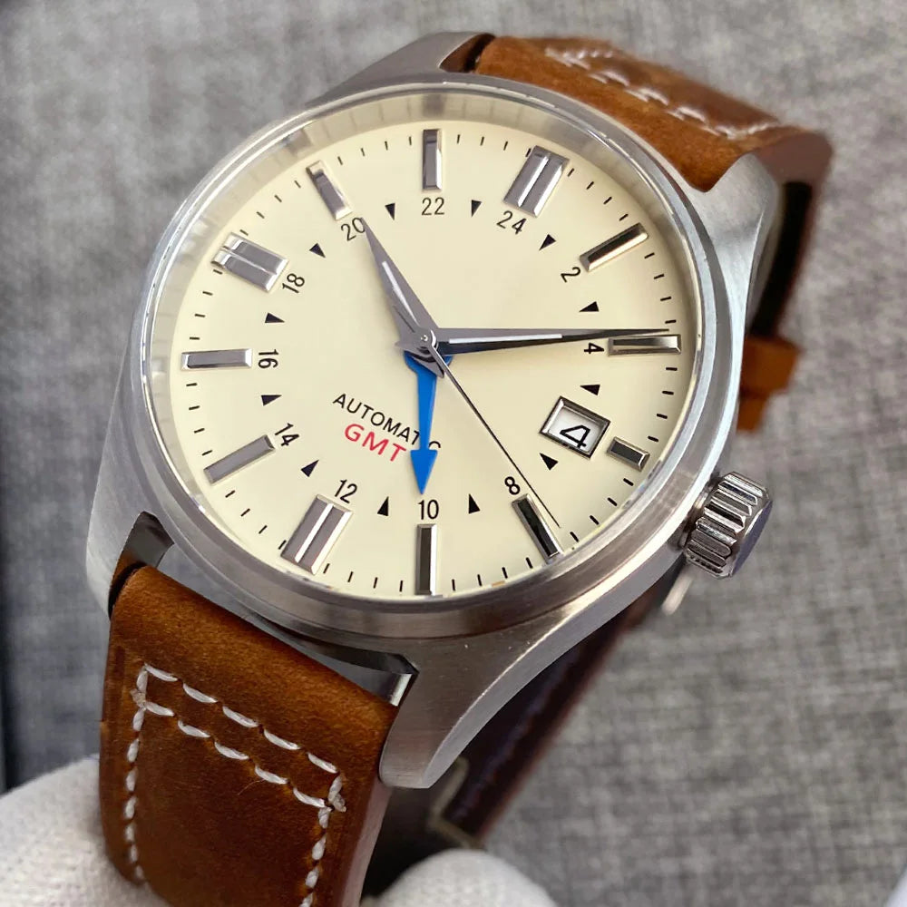 Tandorio Japan NH34 automatische mechanische Uhr für Herren, Taucher-GMT-Uhrwerk, 200 m wasserdicht, 39 mm Saphirglas-Lederband