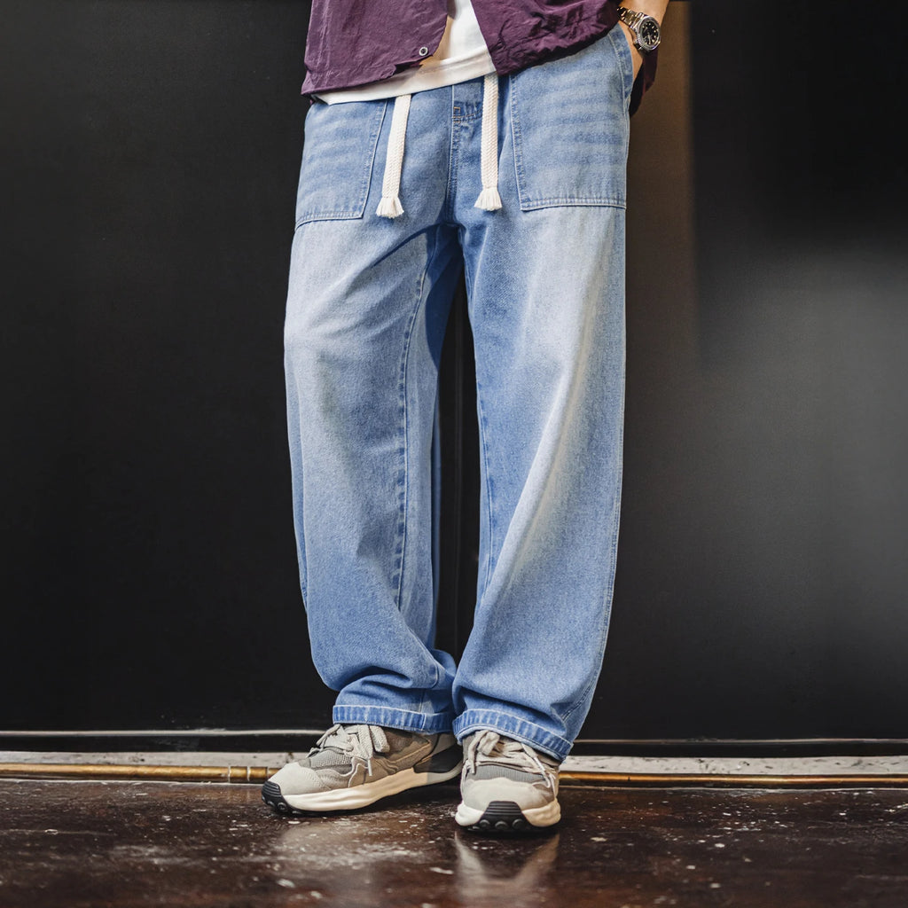 Maden Herren-Jeans aus gewaschenem Denim, weites Bein, gerade geschnitten, elastischer Bund mit Kordelzug, lockere Passform, Freizeithose für Frühling und Herbst