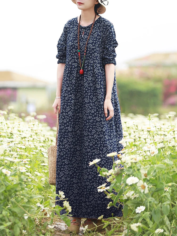 Vintage Blumen Kleid Frau 2025, ZANZEA Herbst Böhmischen Lange Kleider Casual Langarm Maxi Vestidos Lose Robe Femme Oversize