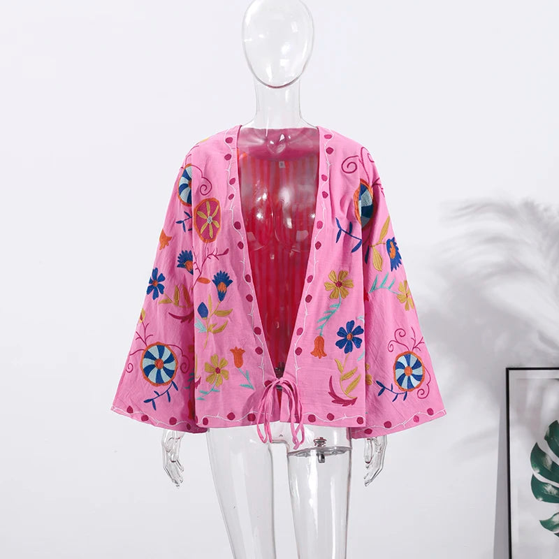 Chic Gestickte Druck frauen Jacke Mode V-ausschnitt Langarm Spitze Up frauen Mäntel 2025, Herbst Neue Dame Streetwear oberbekleidung