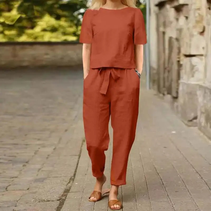 Damen-Anzug aus Baumwolle und Leinen, Sommer-passender Anzug, halbärmelige Rundhals-Krawatte, elastische Taille, Hose mit weitem Bein, Retro-Anzug 2024