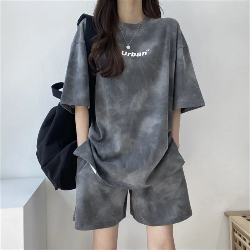 2-teiliger Anzug für Damen, T-Shirt, Shorts, Batikmuster, lockeres T-Shirt und mittlere Shorts mit weitem Bein und Taschen, weiblich, lässig, weich, Sommer-Sets