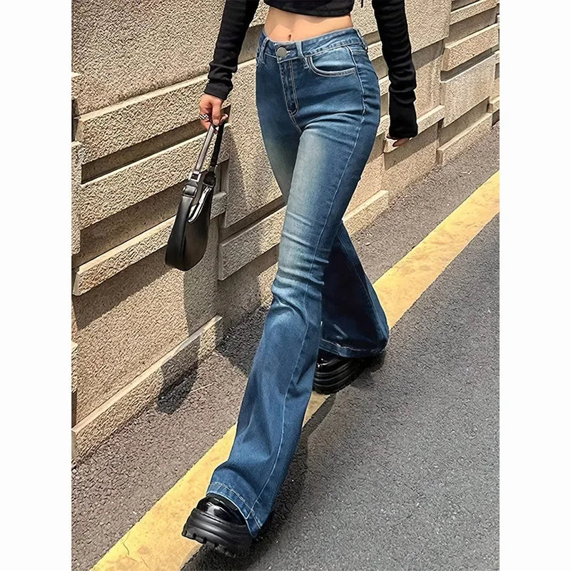 2026 Mädchen Concise Ins Hohe Taille Ausgestellte Jeans Weibliche Stretchy Bootcut Denim Hosen Frauen Einfarbig Dünne Schlaghosen