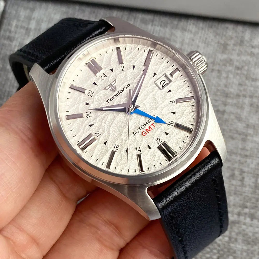 Tandorio Japan NH34 automatische mechanische Uhr für Herren, Taucher-GMT-Uhrwerk, 200 m wasserdicht, 39 mm Saphirglas-Lederband