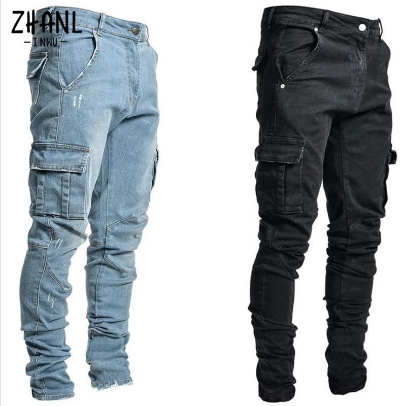 Jeans Männer Hosen Wash Feste Farbe Multi Taschen Denim Mittlere Taille Cargo Jeans Plus Größe Fahsion Casual Hosen Männlichen Täglich tragen
