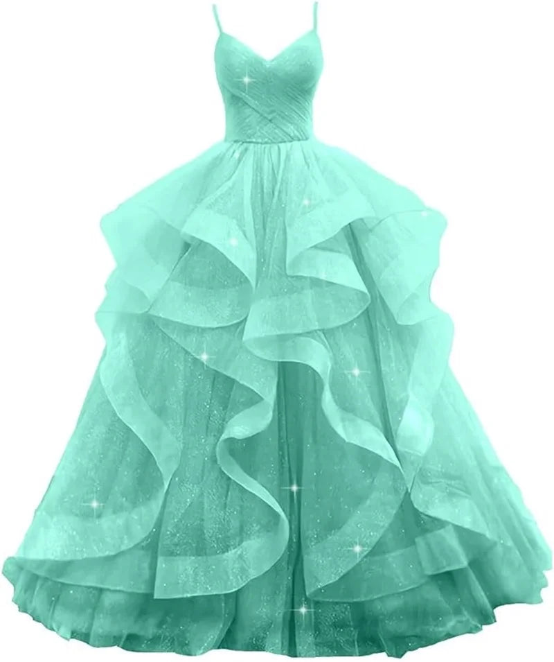 Maßgeschneiderte glitzernde Tüll-Abschlussballkleider, Spaghettiträger, Ballkleider für Frauen, bauschiges, abgestuftes, formelles Abend- und Partykleid