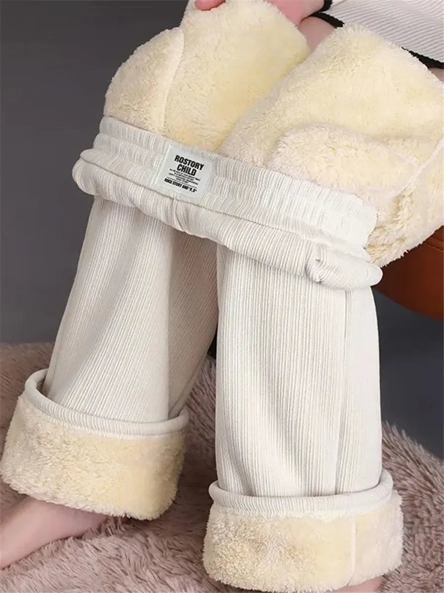 Dünne/Dicke Winter Gefüttert Breite Bein Hosen CasualThicken Warme Baggy Jogginghose Frauen HighWaist Koreanische Lamm Flusen Gerade Pantalones