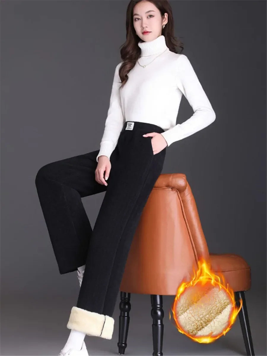 Dünne/Dicke Winter Gefüttert Breite Bein Hosen CasualThicken Warme Baggy Jogginghose Frauen HighWaist Koreanische Lamm Flusen Gerade Pantalones