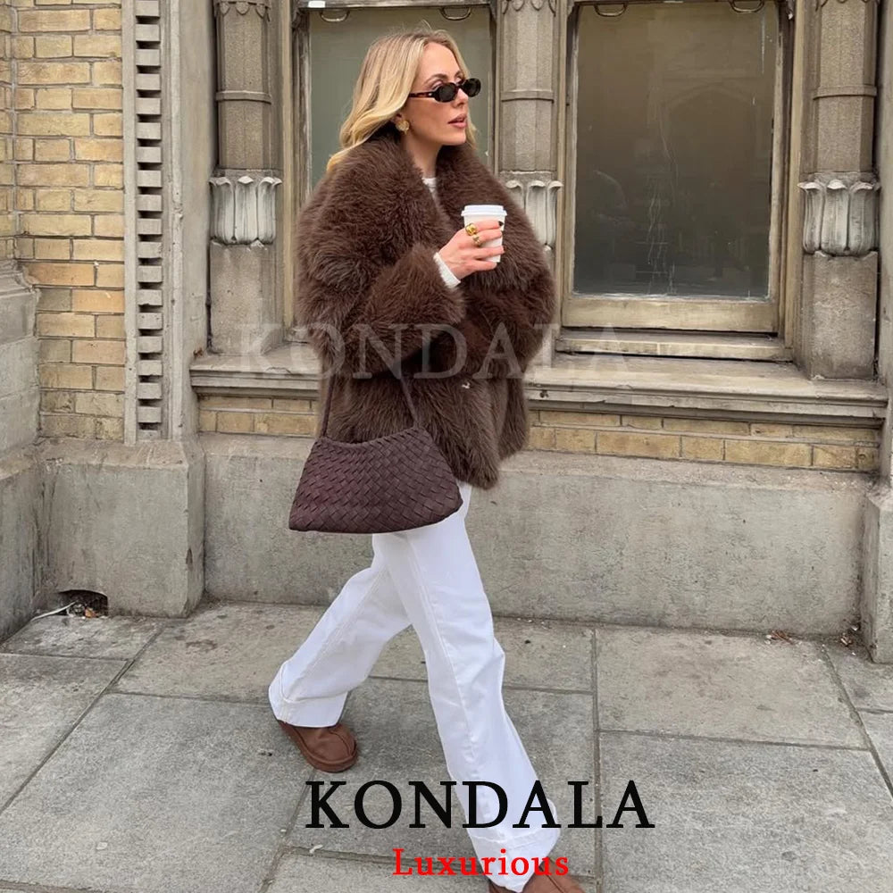 KONDALA Casual Braun Dickes Fell Jacken Frauen Langarm V-ausschnitt Herbst Winter Faux Pelz Mäntel Mode 2025, Streetwear Outwears