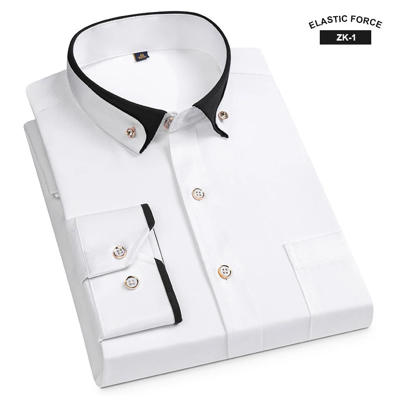 Neue Mode Frühjahr Elastische Nicht-eisen Langarm-shirt Männer der Jugend Kristall Taste Patchwork Kragen Nicht Baumwolle Business hemd Männer