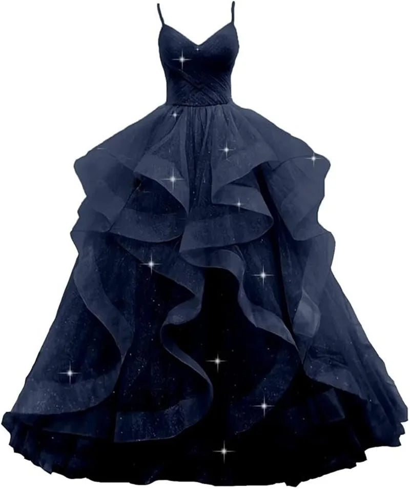 Maßgeschneiderte glitzernde Tüll-Abschlussballkleider, Spaghettiträger, Ballkleider für Frauen, bauschiges, abgestuftes, formelles Abend- und Partykleid