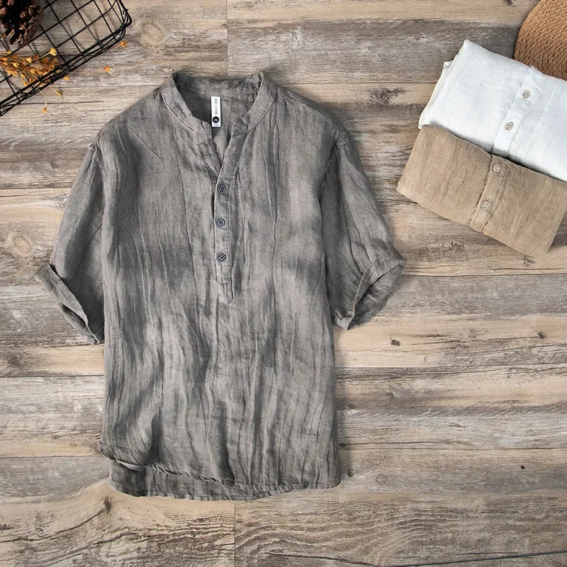 Sommer neue Vintage reine Leinen Kurzarm T-Shirt für Männer dünne einfarbige schlanke Männer Kleidung große Größe bl888
