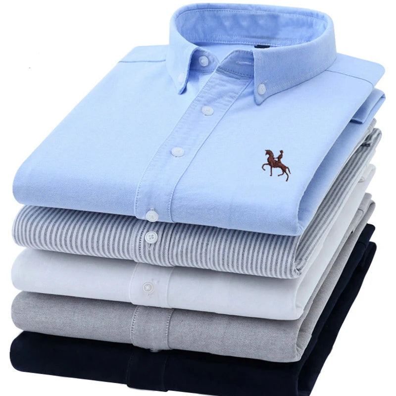 S-6XL Oxford-Hemden für Herren, langärmelig, reine Baumwolle, einfarbig, gestreift, Freizeit, bestickt, Pferd, Streetwear, Business, einfarbig, Büro, 6XL