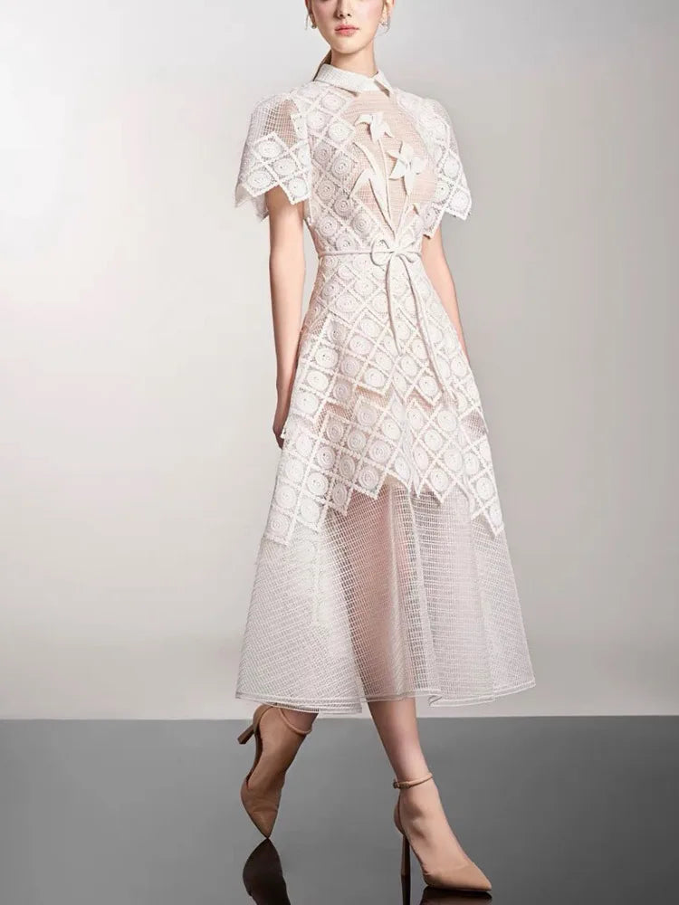 DEAT Elegantes Kleid Spitze Gaze Gespleißt Einfarbig Umlegekragen Kurzarm Schlanke frauen Kleider 2025, Frühjahr Neue 15DZ285