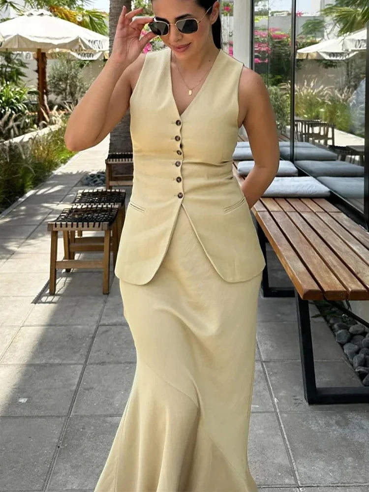 HH Frauen Weste Rock Sets Weibliche Khaki Lange Blazer Weste V-ausschnitt Ärmelloses Dünnes Top + Elegante Hohe Taille EINE linie Rock Anzug ONKOGENE