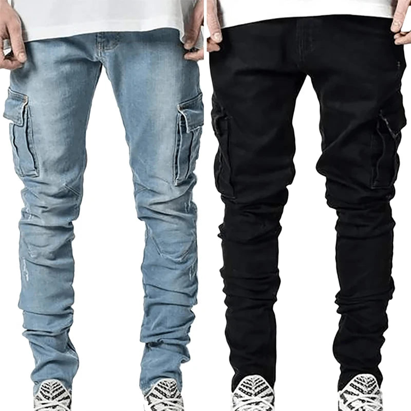 Jeans Männer Hosen Wash Feste Farbe Multi Taschen Denim Mittlere Taille Cargo Jeans Plus Größe Fahsion Casual Hosen Männlichen Täglich tragen