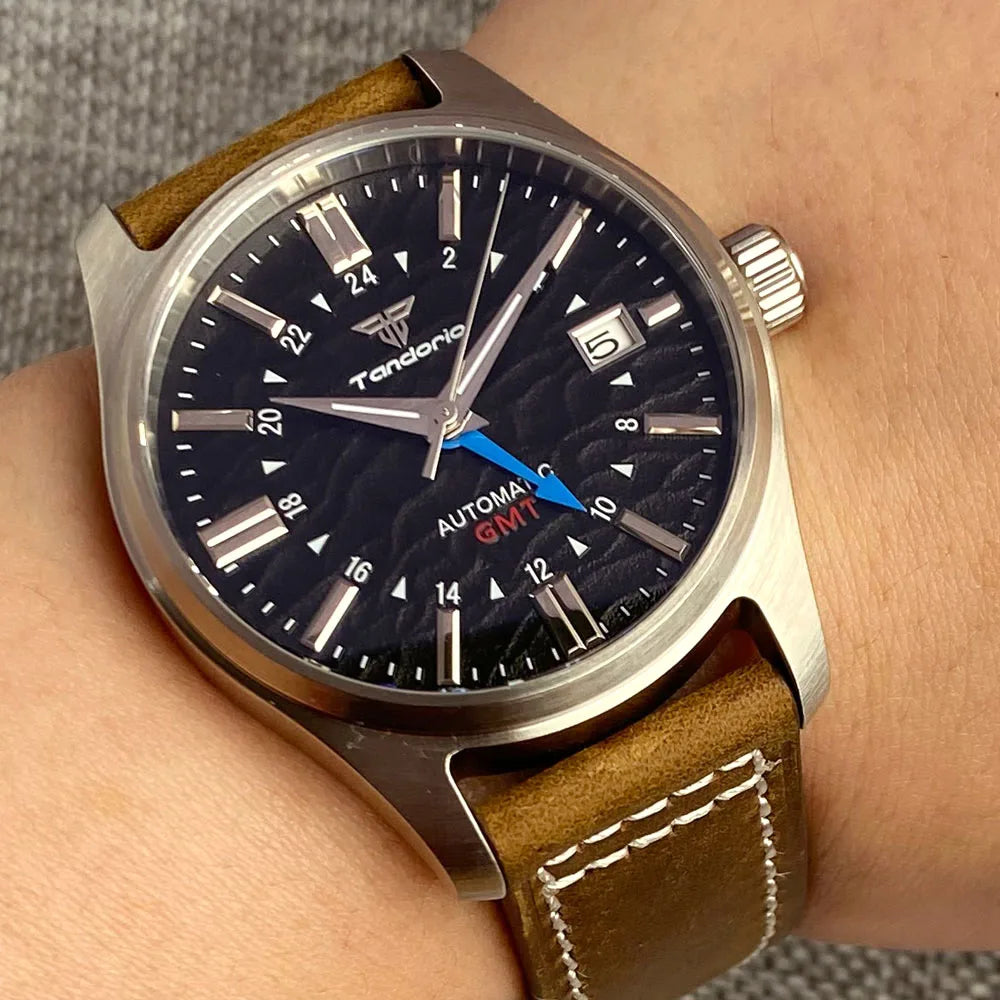 Tandorio Japan NH34 automatische mechanische Uhr für Herren, Taucher-GMT-Uhrwerk, 200 m wasserdicht, 39 mm Saphirglas-Lederband