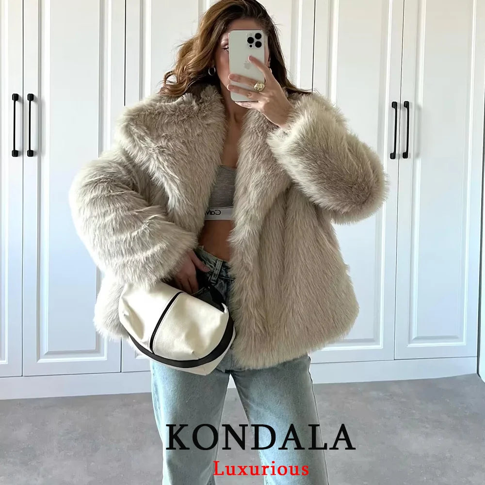 KONDALA Casual Braun Dickes Fell Jacken Frauen Langarm V-ausschnitt Herbst Winter Faux Pelz Mäntel Mode 2025, Streetwear Outwears