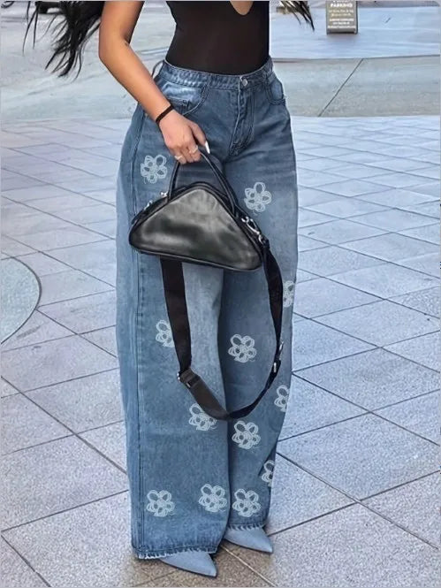 Damenjeans 2025, Frühling und Herbst, neue Mode, Blumendruck, hohe Taille, Taschendesign, lockere Jeans, gerades Bein, lässige Hosen