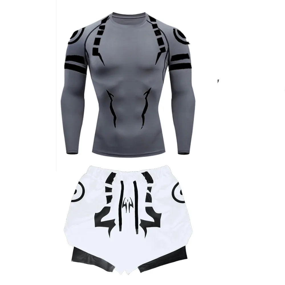 Anime Jujutsu Kaisen Kompressionsset Fitnessanzug für Herren, schnell trocknendes 3D-Kompressionsshirt + Fitnessstudio-Shorts, Lauf-Workout-Sportbekleidung