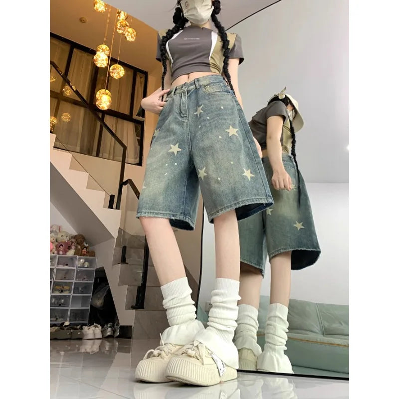 Lässige Damenjeans mit Blumendruck, lockerem, weitem Bein, New American Retro Star Design, gerades Bein, bequeme Stretch-weiche Denim-Shorts