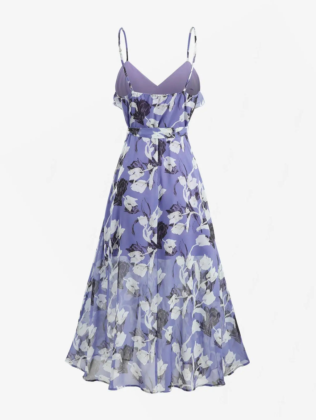 Neue Sommerkleider für Damen, lila Blumendruck, Rüschen, geteiltes A-Linien-Trägerkleid mit abnehmbarem Gürtel, Cocktail-Partykleid, Vestido