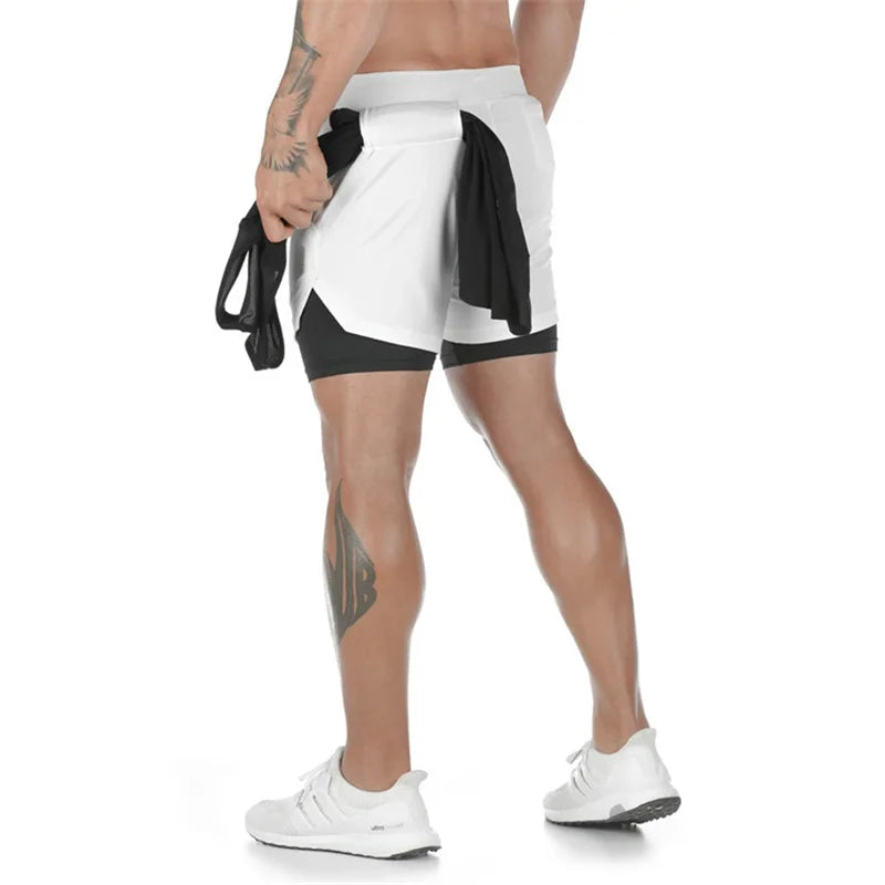 Doppelschichtige Fitness-Shorts für Herren, für Fitness, Fitnessstudio, Training, 2-in-1-Sport-Shorts, schnell trocknend, Workout, Joggen, Doppeldeck, Sommer