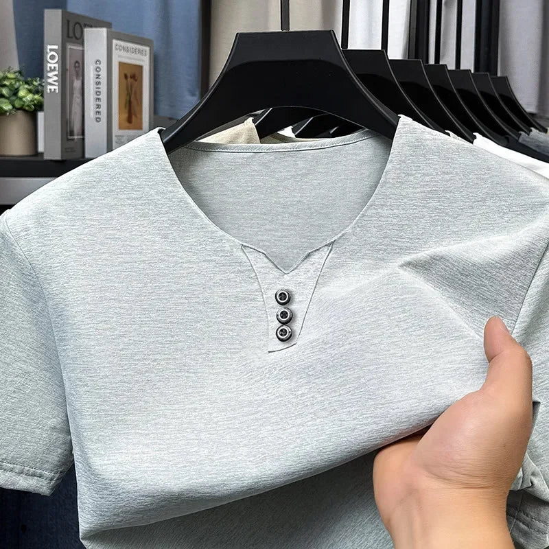 2026 neue männer Business Casual Drei Taste V-ausschnitt Kurzarm T-shirt Koreanischen Stil Sommer Komfortable Vielseitige Top