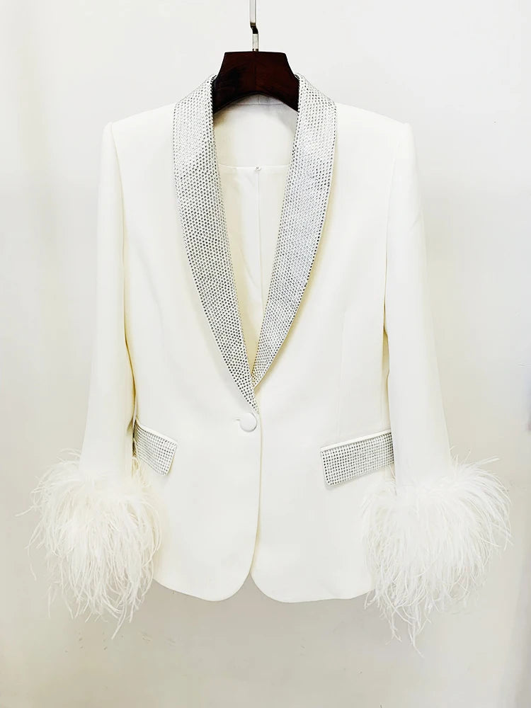 Angebot ,51,99 eur, HIGH STREET Mode 2026 Designer-Jacke Damen Echte Straußenfeder-Jacke mit Diamanten-Verzierung Schalkragen-Blazer