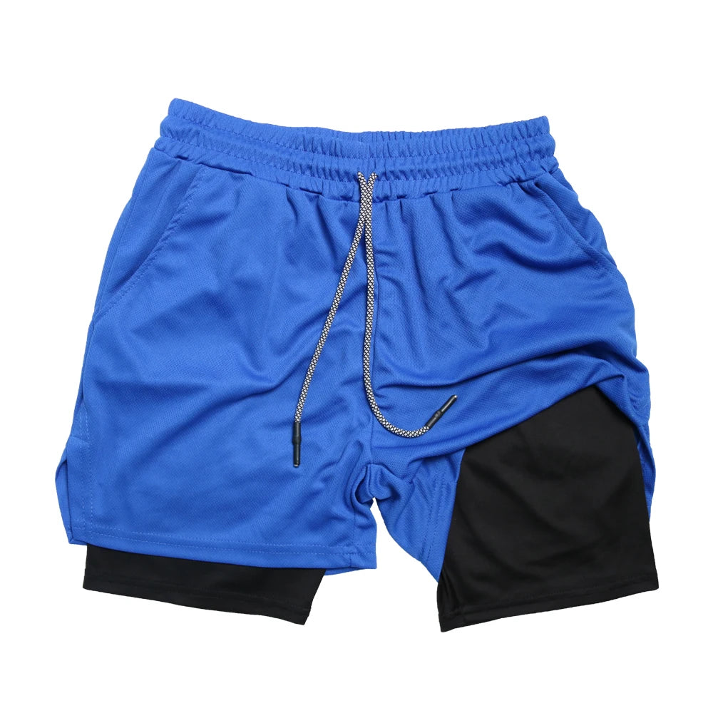 Doppelschichtige Fitness-Shorts für Herren, für Fitness, Fitnessstudio, Training, 2-in-1-Sport-Shorts, schnell trocknend, Workout, Joggen, Doppeldeck, Sommer