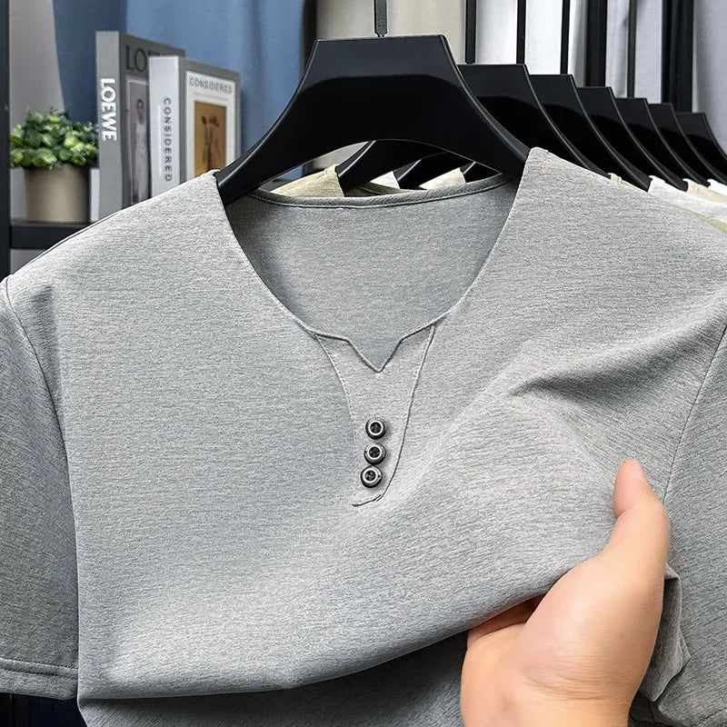 2026 neue männer Business Casual Drei Taste V-ausschnitt Kurzarm T-shirt Koreanischen Stil Sommer Komfortable Vielseitige Top