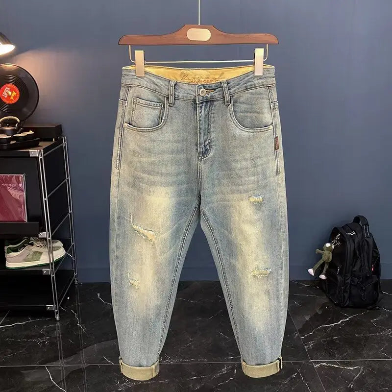 Jeans für Herren Frühling und Herbst, kleine zerrissene Jeans, Herren-Vintage-Hosen, trendige Marke, Harlan-Männerkleidung, Streetwear-Kleidung