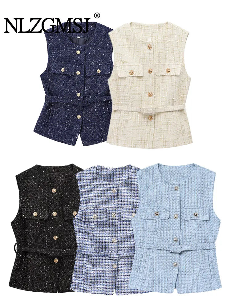NLZGMSJ 2025 Frühling Damen Weste Top Mode mit Gürtel Slim Fit ärmellose Jacke Top für Frauen Textur Weste Top Neu